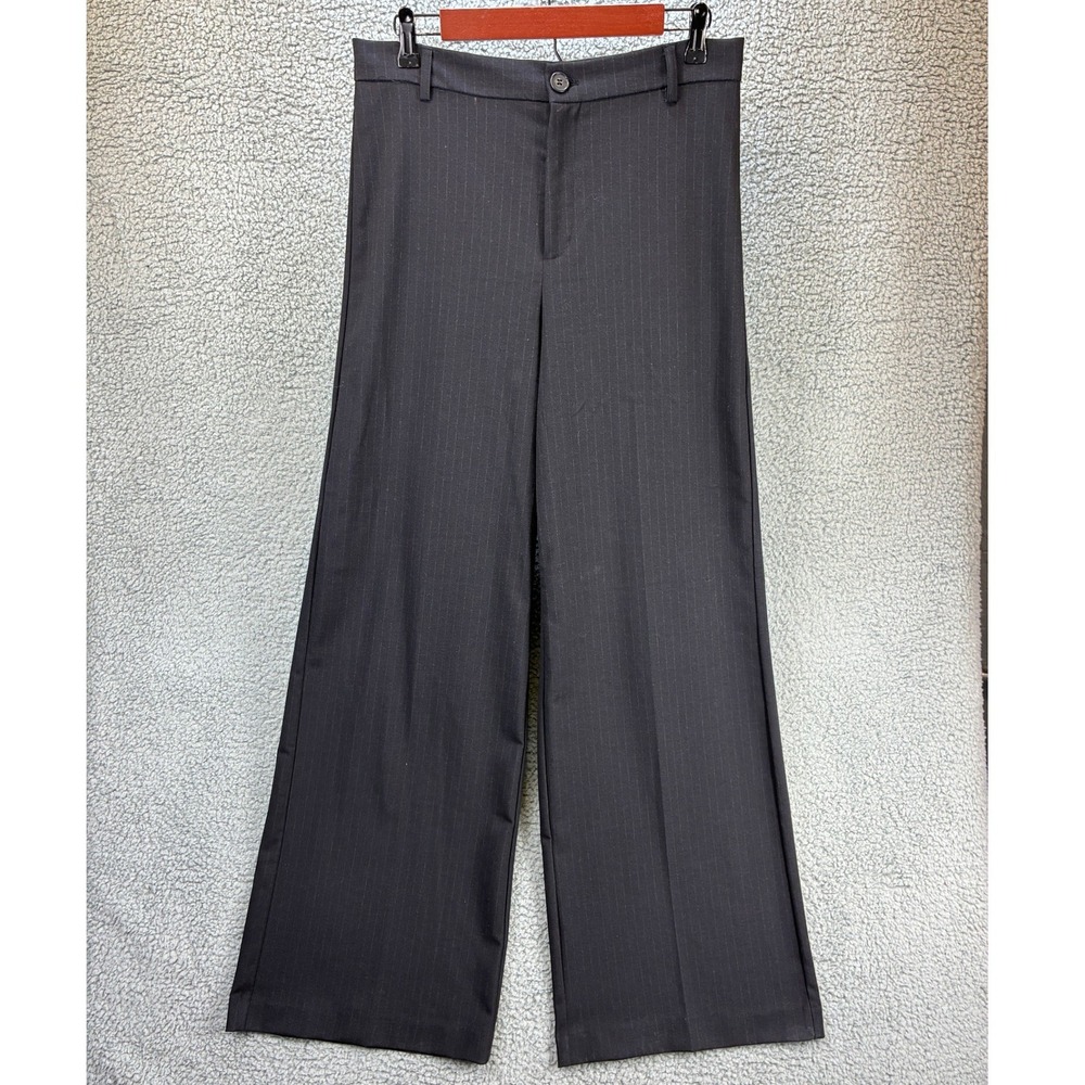 Zara Pinstripe Wide Leg Pants Women's Large Black Pleated Trousers High Waist - Picture 2 of 14